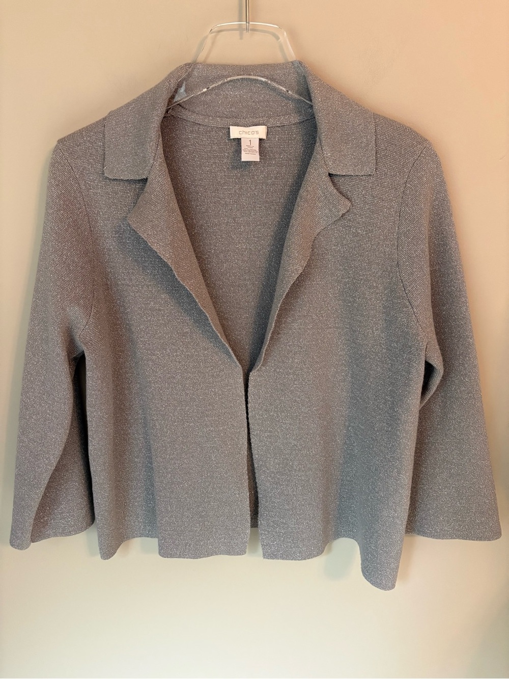 Chico's Enchanting Lurex Silver Shimmer Open Cardigan Blazer | Women's Sz 1